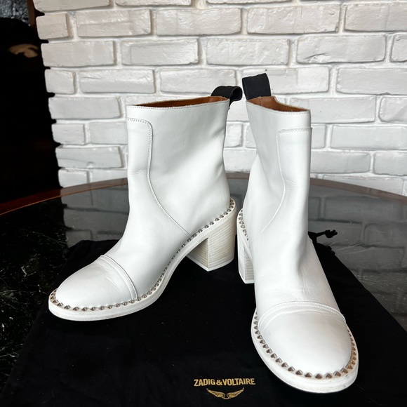 Zadig & Voltaire White Pull on Studded Boots Stack Heel worn once. - Picture 3 of 12